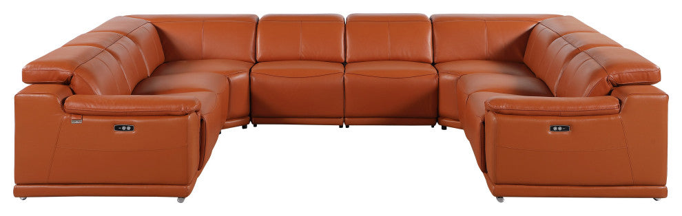 Federico 8-Piece Italian Leather U-NC Sectional, 4 Power Recliners, Camel