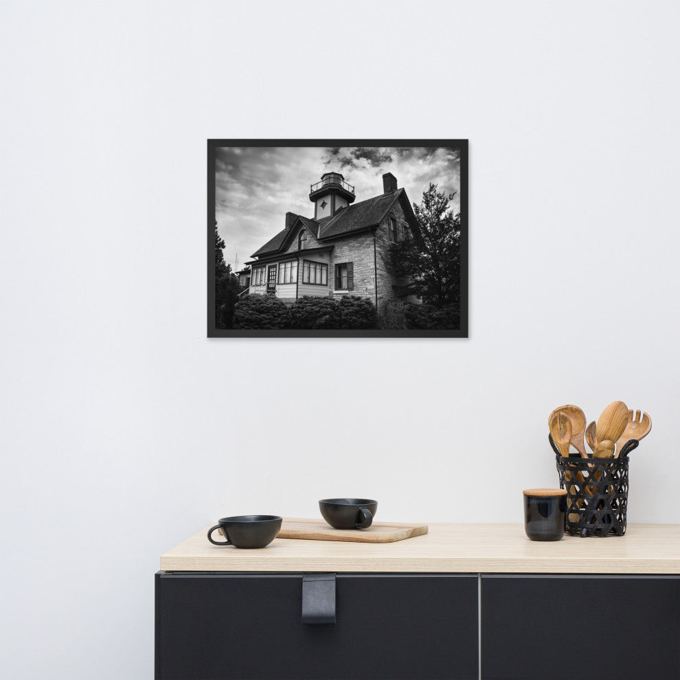 Cedar Point Lighthouse in Black and White Framed Photo Paper Wall Art Prints, Black, 18" X 24"