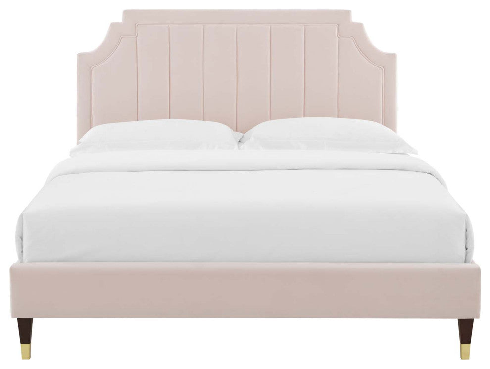 Platform Bed Frame, King Size, Velvet, Pink, Modern Contemporary, Bedroom Master