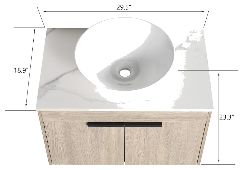 Wall-Mounted Bath Vanity, White Oak, White Ceramic Vessel Sink