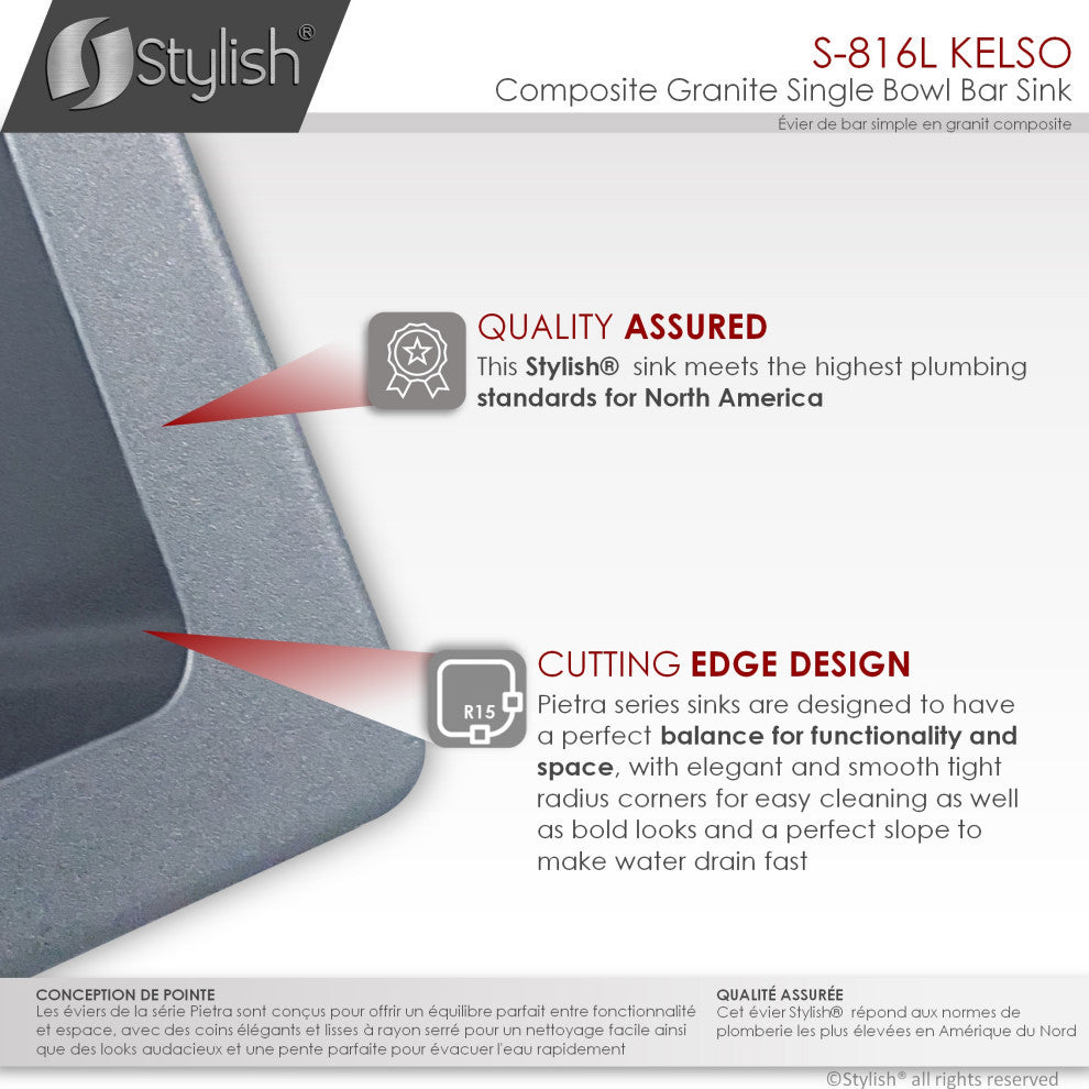 STYLISH 16"Dual Mount Single Bowl Gray Granite Kitchen Sink