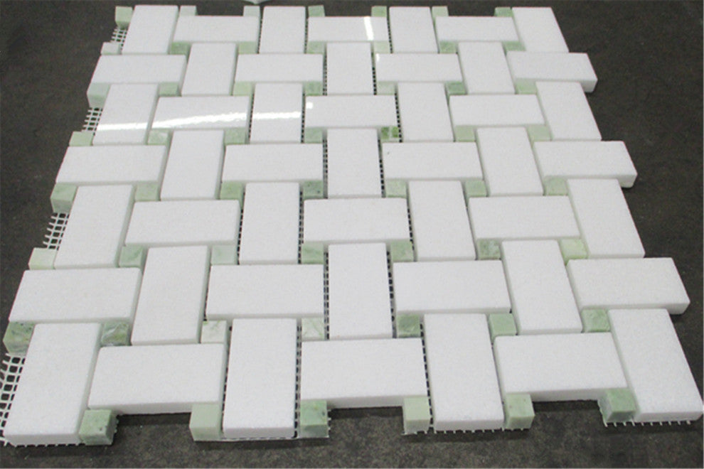 Thassos White Marble 1x2 Basketweave Mosaic Tile / Green Dots Polished, 1 sheet