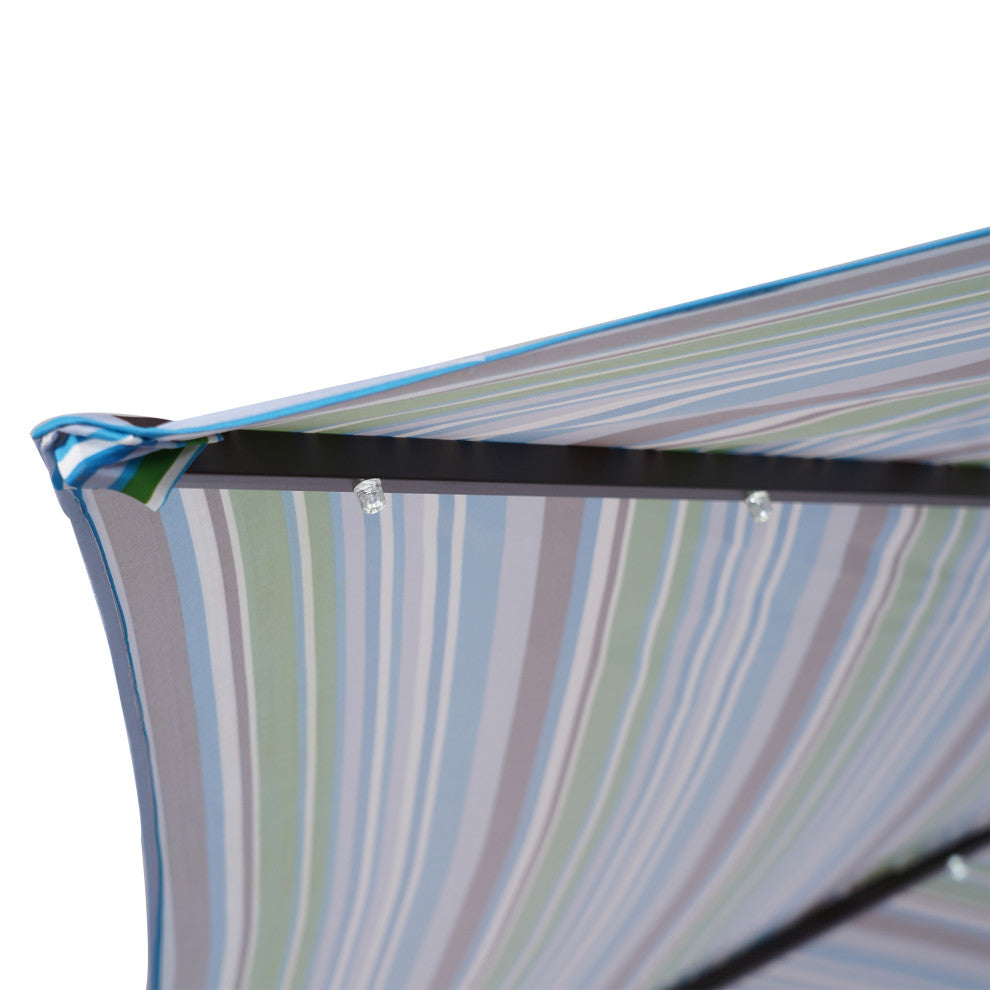 9' Outdoor Patio Steel Market Umbrella With 24 LED Lights, Blue Striped