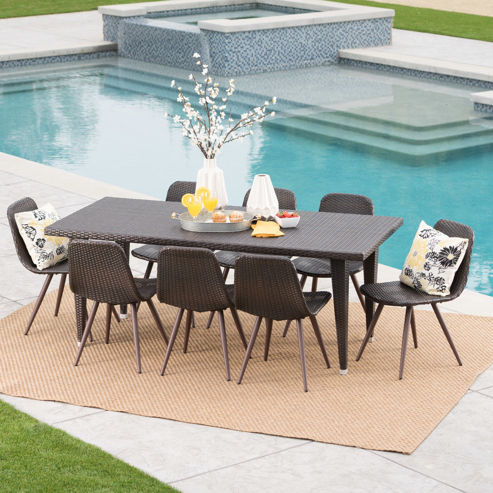 GDF Studio 9-Piece Luka Outdoor Multi-brown Wicker 75" Rectangular Dining Set