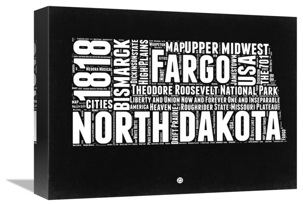 "North Dakota Black and White Map" Fine Art Print