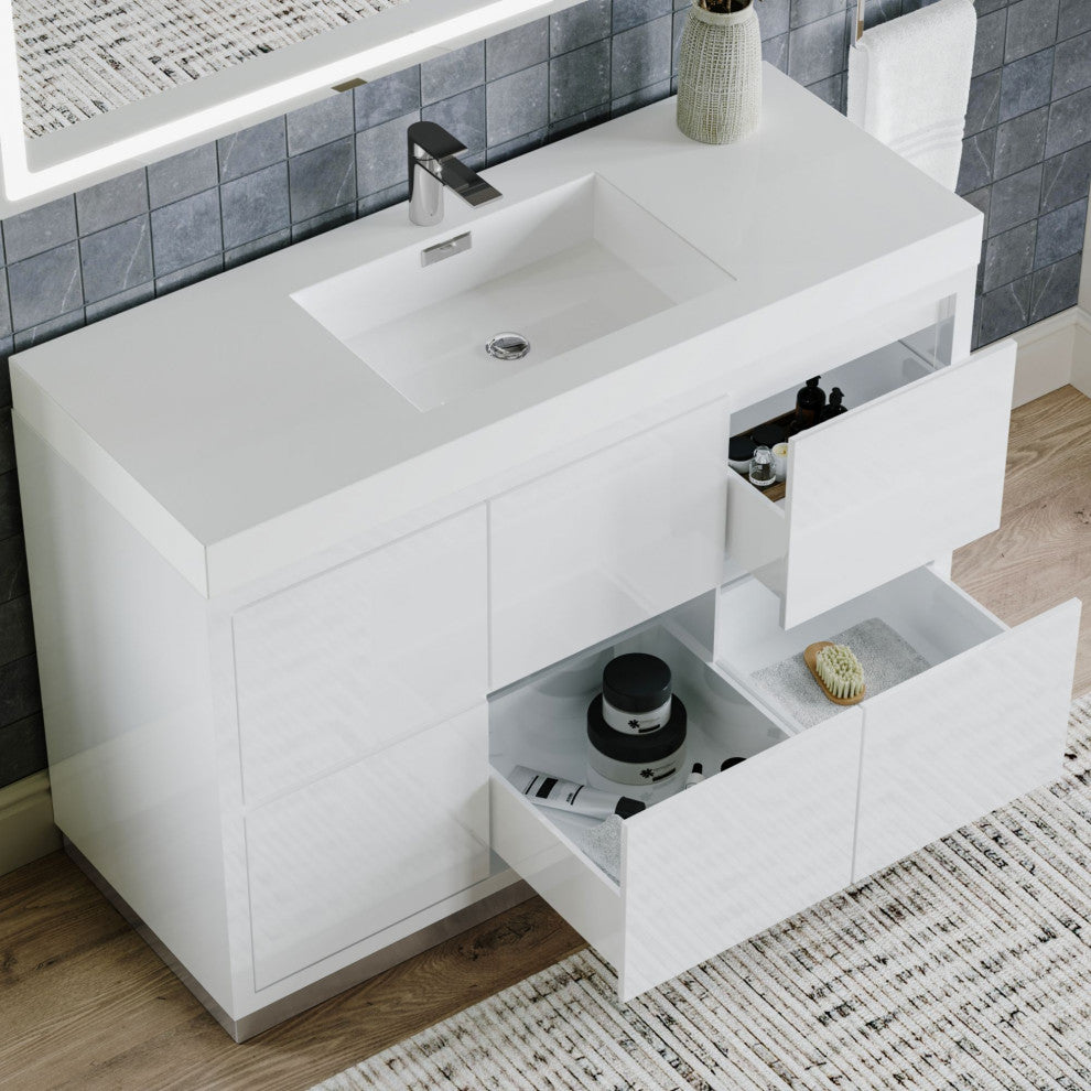 Boutique Bath Vanity, High Gloss White, 48", Single Sink, Freestanding