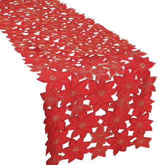 Festive Poinsettia Embroidered Cutwork Christmas Table Runner, 15"x70"