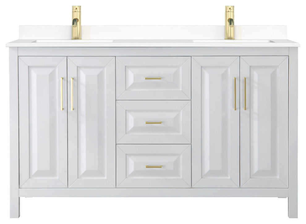 60"DBL Bath Vanity, White, White Cult. Marble Countertop, Sinks, Gold Trim