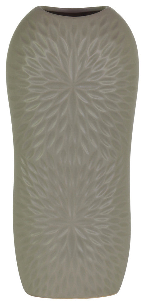 Ceramic Tall Engraved Leaf Design Half-Circle Vase, Small, Gray