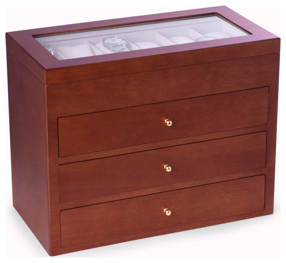 Cherry Wood 48 Watch Box, Glass Top and Drawer, Velour Lining and Pillows