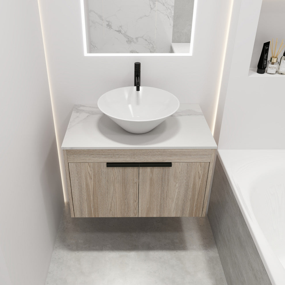 Wall-Mounted Bath Vanity, White Oak, White Ceramic Vessel Sink