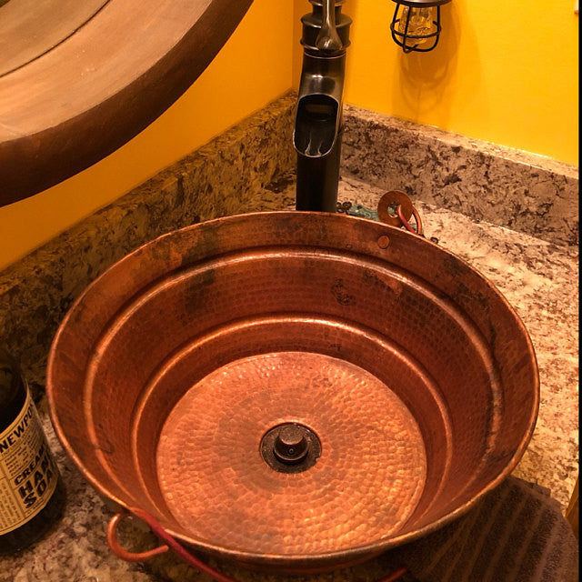 15" Round Copper Vessel Bucket Bath Sink in Natural Patina