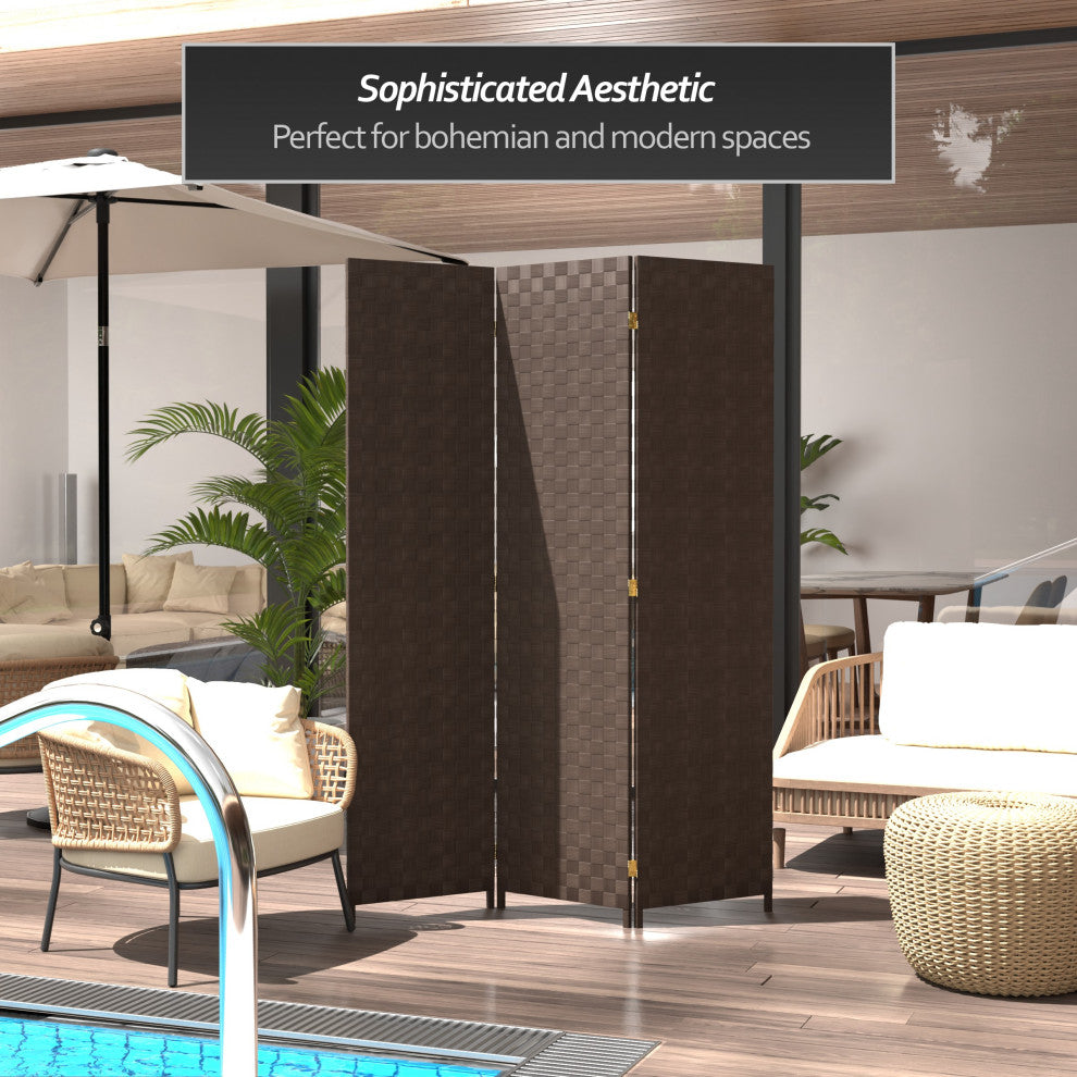 6' Tall Woven Fiber Outdoor All Weather Room Divider, 3 Panel, Dark Brown
