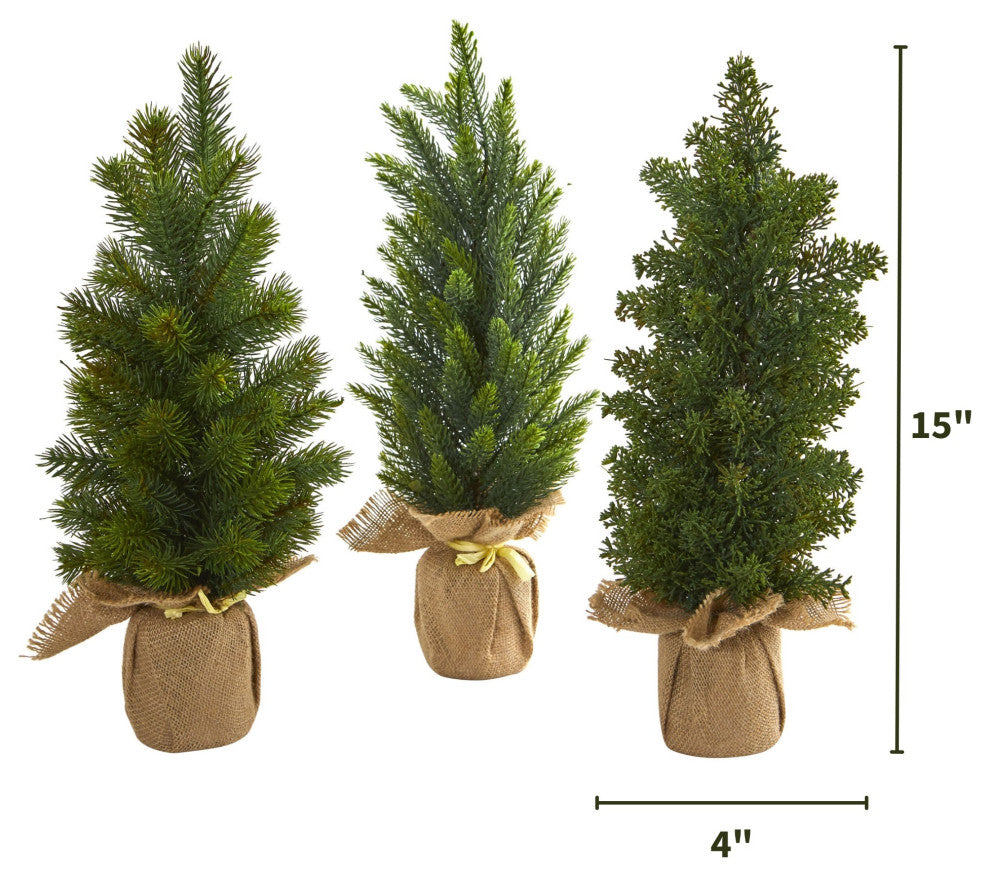 15" Mini Cypress and Pine Artificial Tree, 3-Piece Set