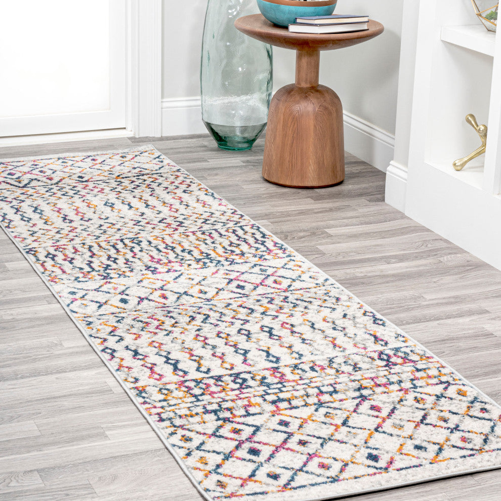 Arta Moroccan Vintage Geometric Area Rug, Multi/Cream, 2 X 8