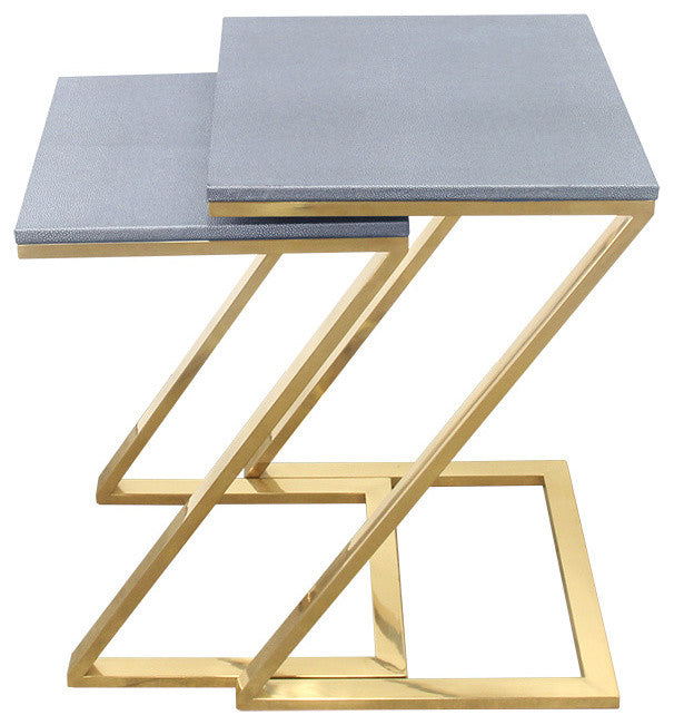 Walter Z-Leg Nesting Tables, Faux Shagreen and Gold Metal, 2 Piece Set