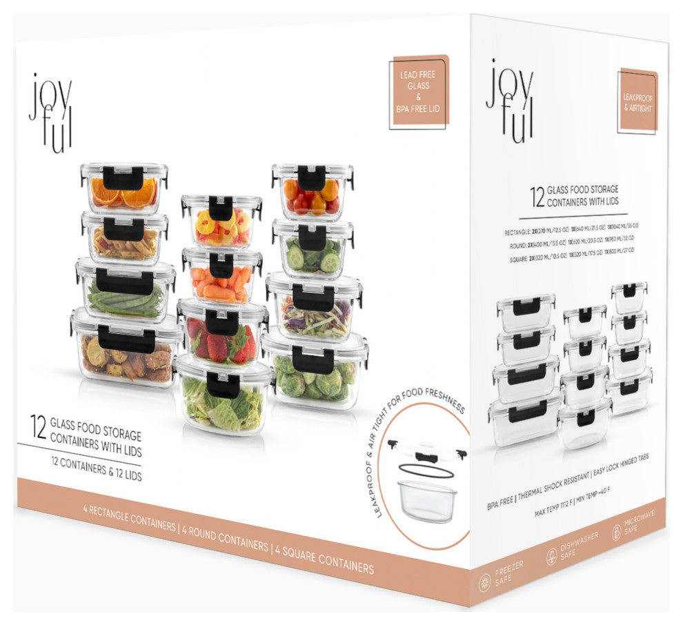 24 Piece Glass Storage Containers With Leakproof Lids Set Black