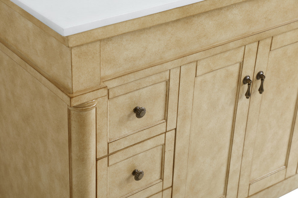 42" Single Bathroom Vanity, Antique Beige With Ivory White Engineered Marble