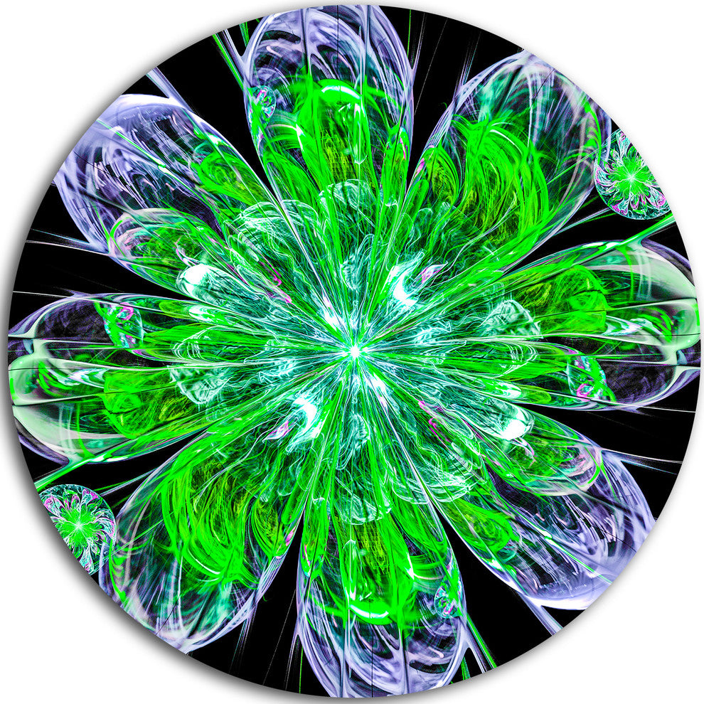 Shiny Green Purple Fractal Flower On Black, Floral Round Artwork, 23"