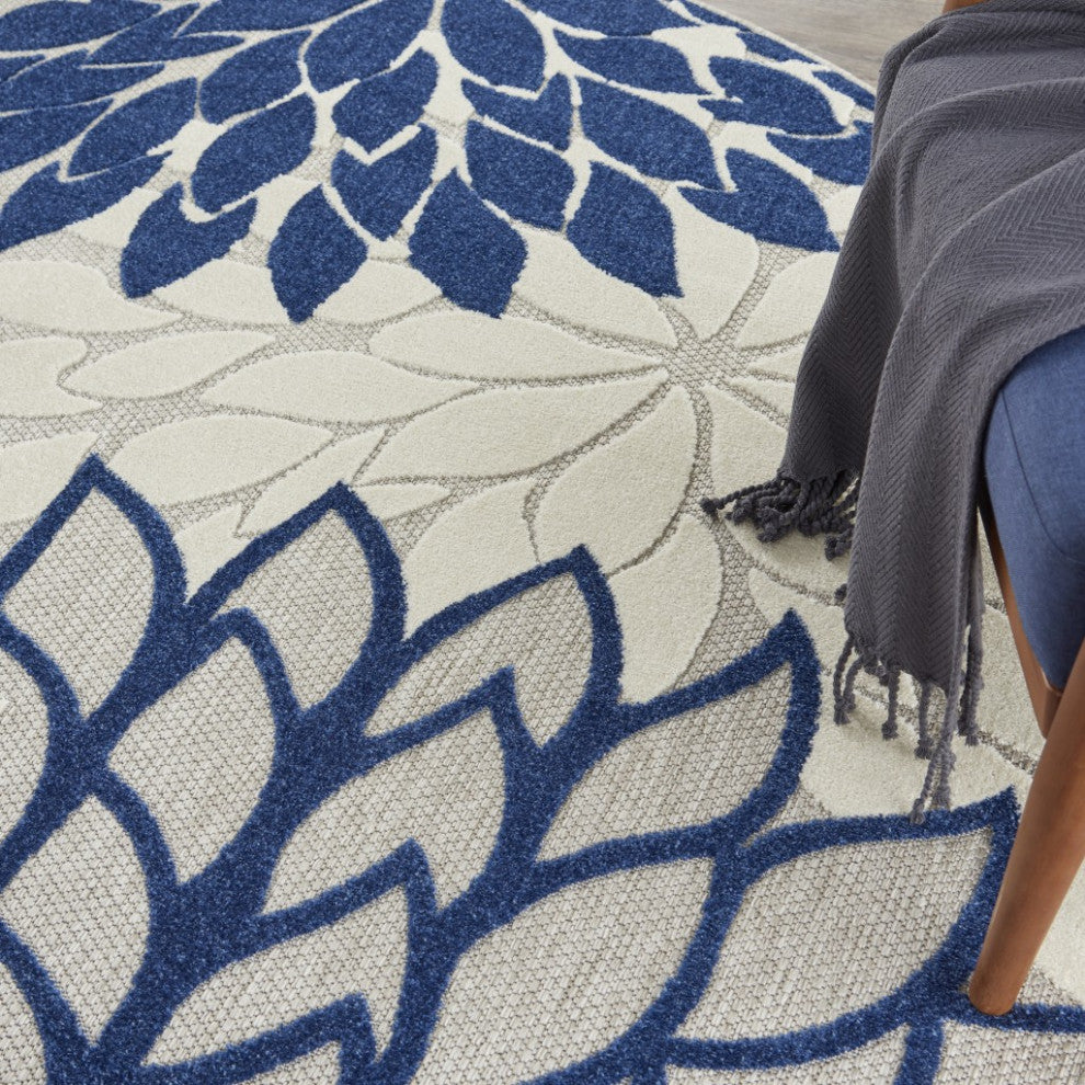 8' Round Ivory And Blue Round Floral Indoor Outdoor Area Rug