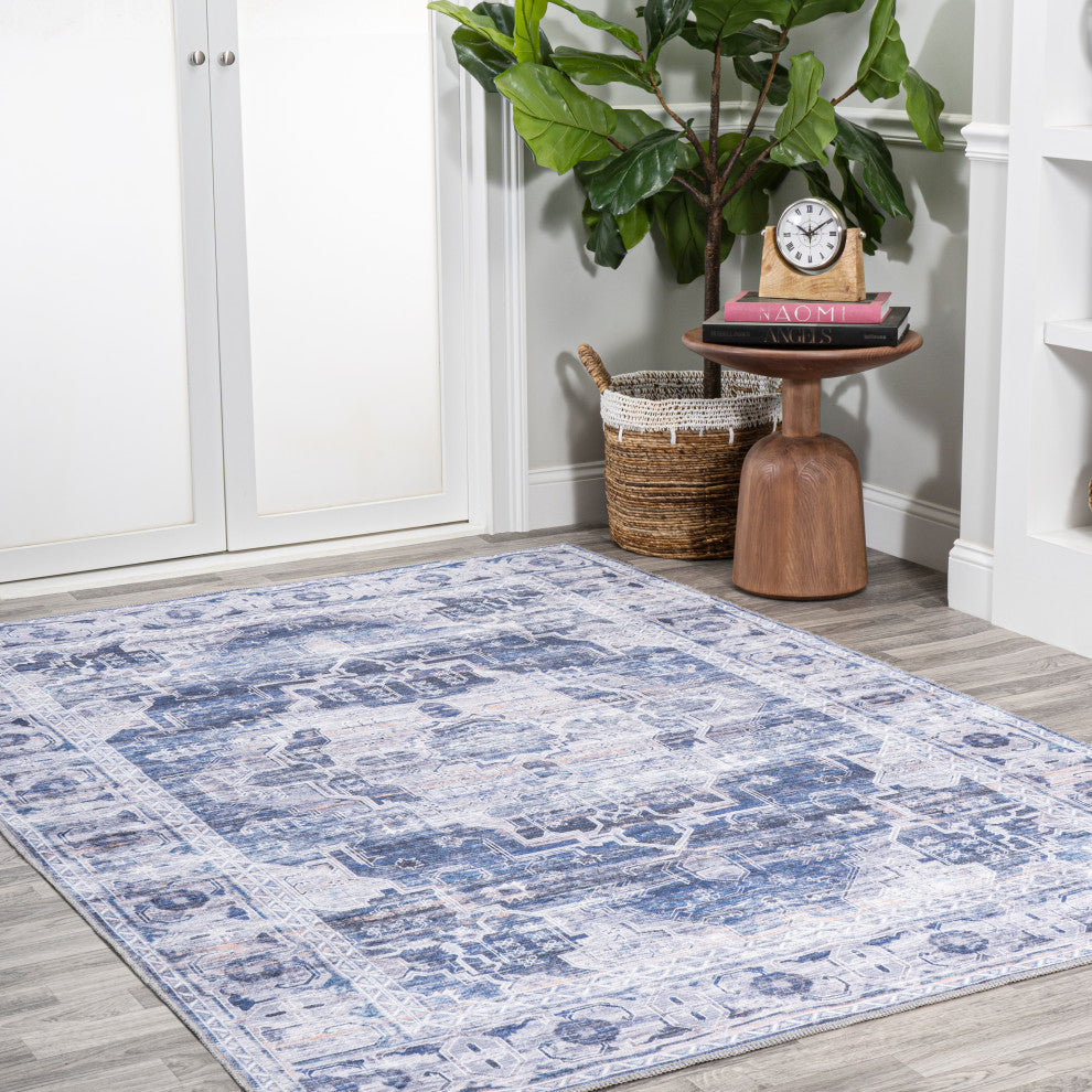 Alanya Ornate Medallion Machine Washable Indoor Area Rug, Navy/Cream, 4 X 6