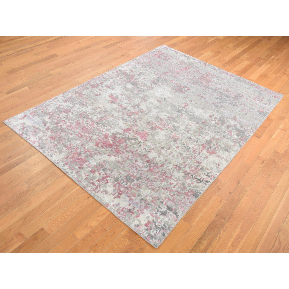Pink Hi-Lo Pile Abstract Design Wool and Silk Hand Knotted Rug 5'10"x8'9"