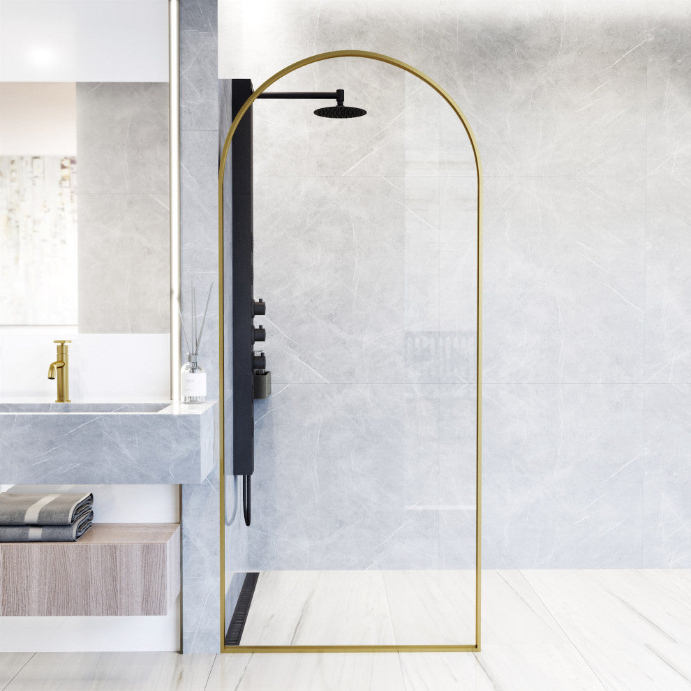 VIGO Arden 34" W x 78" H Framed Fixed Shower Screen, Matte Brushed Gold, Clear Glass