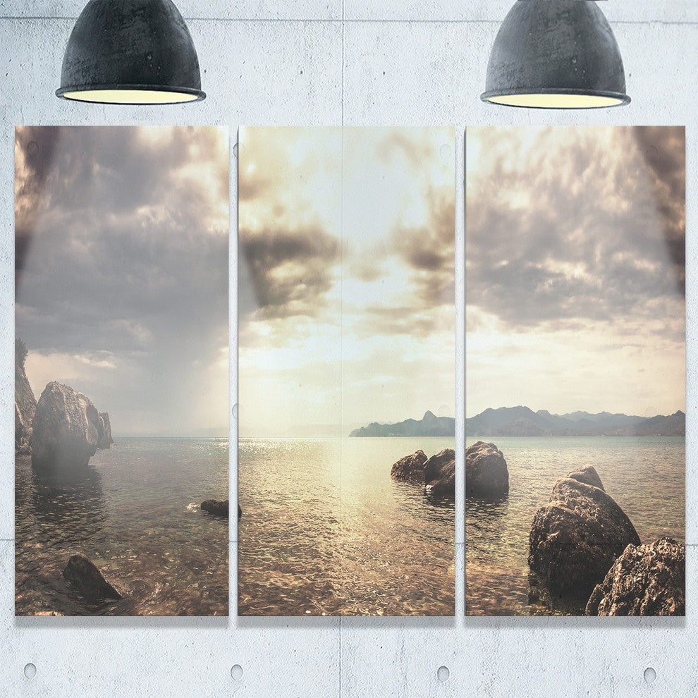 "Rocky Seashore Under Clouds Panorama" Beach Metal Wall Art, 3 Panels, 36"x28"