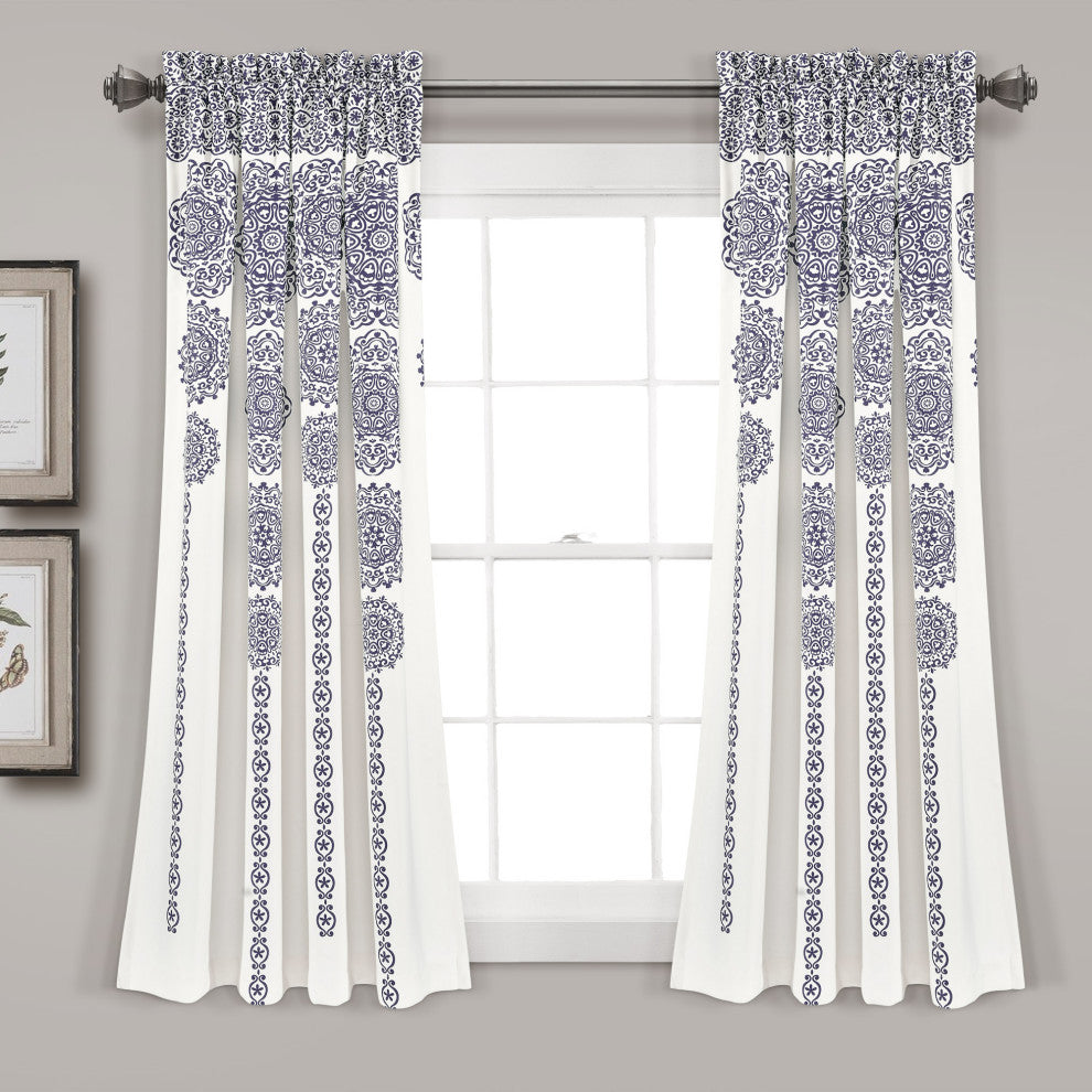 Stripe Medallion Room Darkening Window Panel, Set of 2, Navy, 63"x52"
