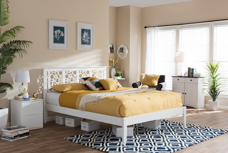 Celine Geometric Pattern White Solid Wood Platform Bed, Queen