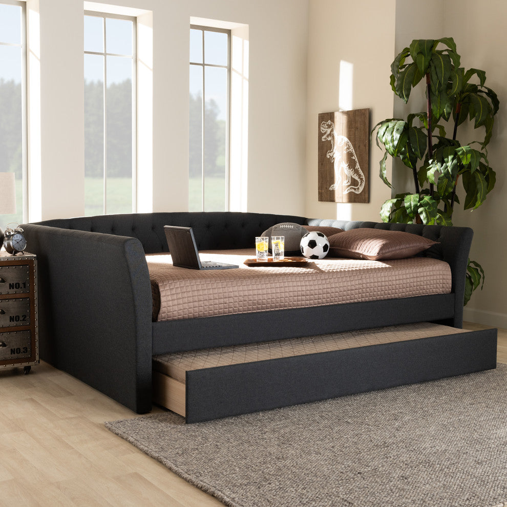 Qintal Upholstered Full Size Daybed With Roll-Out Trundle Bed, Dark Gray