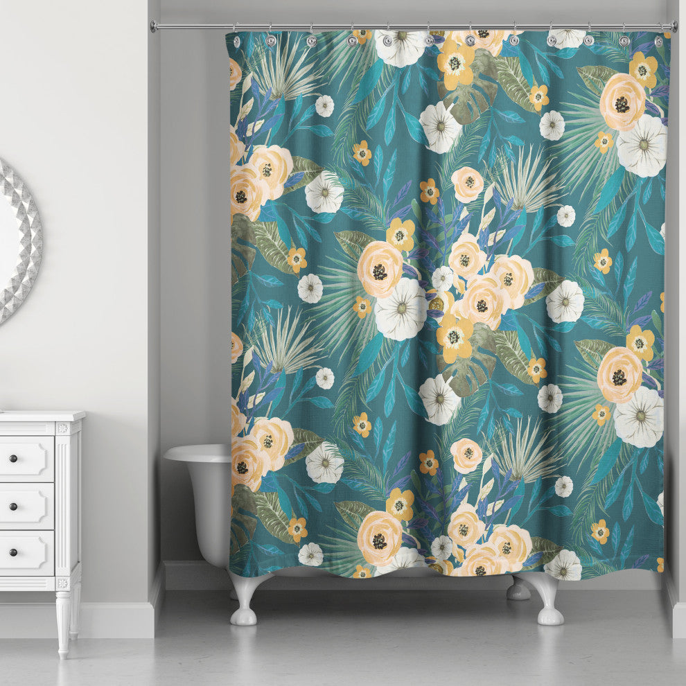 Teal Tropical Floral 71x74 Shower Curtain