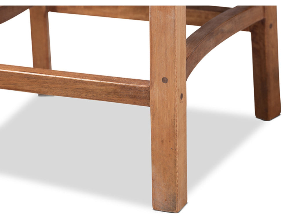 Modern Walnut Brown Finished Wood and Natural Rattan Counter Stool