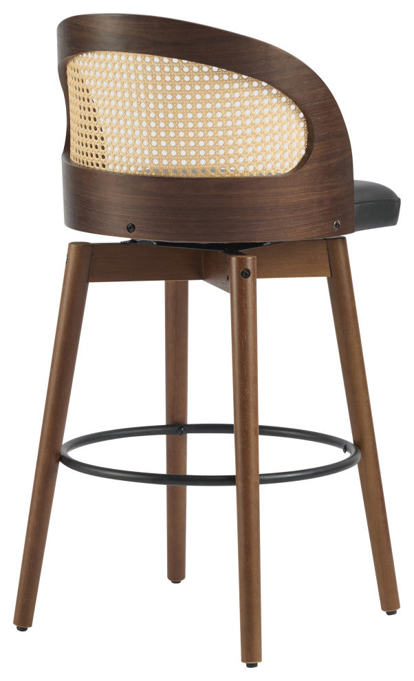 Crystal Rattan Backrest Cushioned Barstools, Set of 2, Dark Walnut/Black