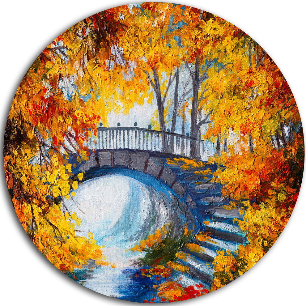 Fall Forest With A Bridge, Landscape Disc Metal Artwork, 23"