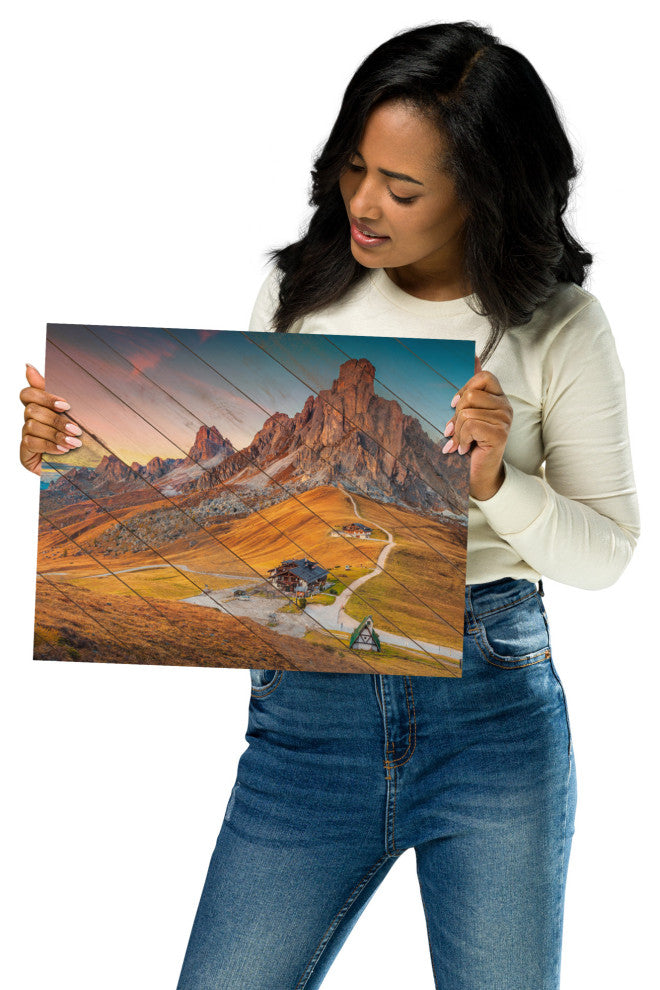 Faux Wood Majestic Sunset & Alpine Mountain Landscape Photo Wall Art Print, 11" X 14"