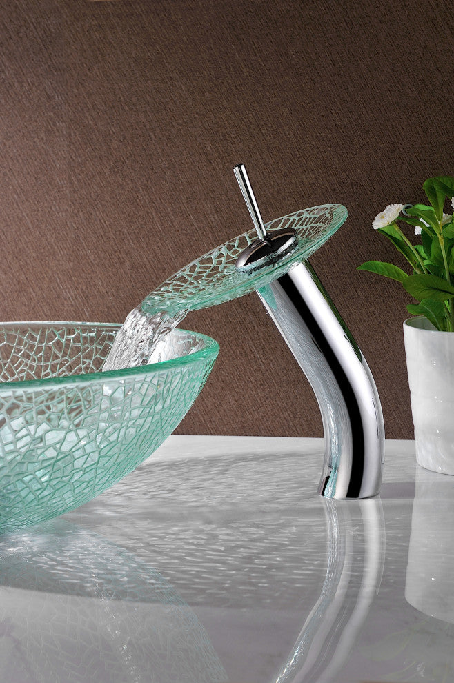 ANZZI Paeva Glass Vessel Sink, Clear Chipasi with Waterfall Faucet
