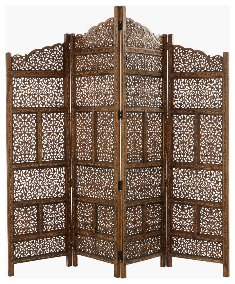 Benzara BM01875 Villa Este Wood Room Divider 4 Panels Carved Screen