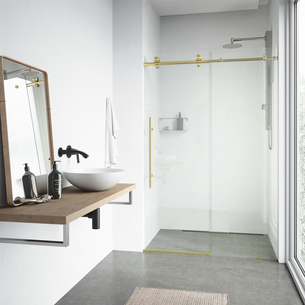 VIGO Elan E-Class 44" to 48" W x 76" H Frameless Sliding Shower Door, Matte Gold, Clear Glass