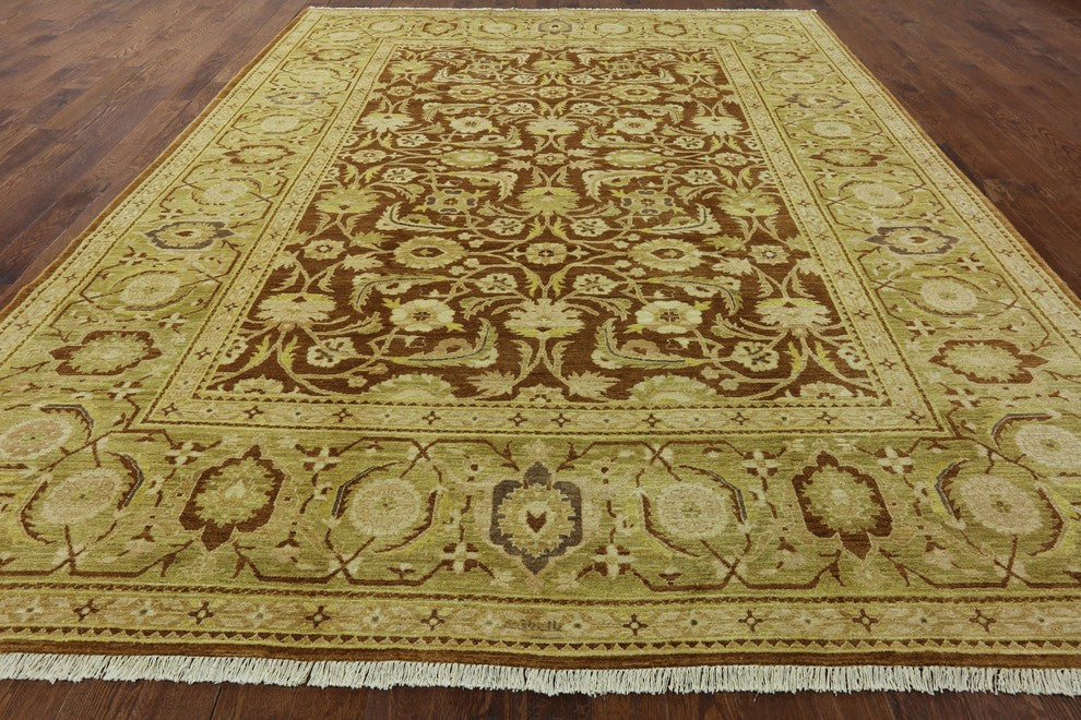 Oriental Oushak Ochre Hand-Knotted Chobi Peshawar Quality Wool Rug, 10'x14'