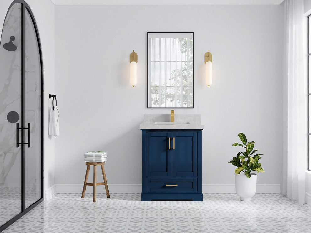 Boston 30 Single Sink Bath Vanity in Navy Blue 2" Pearl Gray