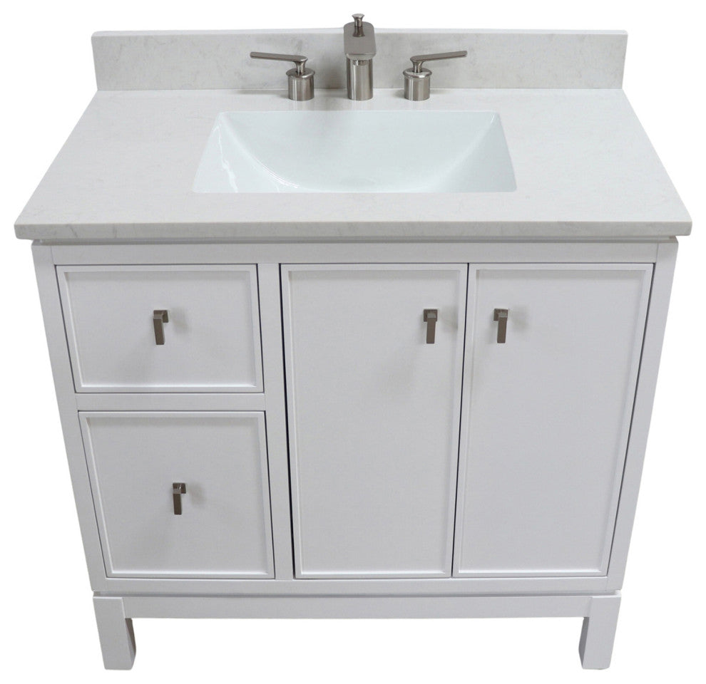 37" Single Sink Vanity, White With Engineered Stone Top