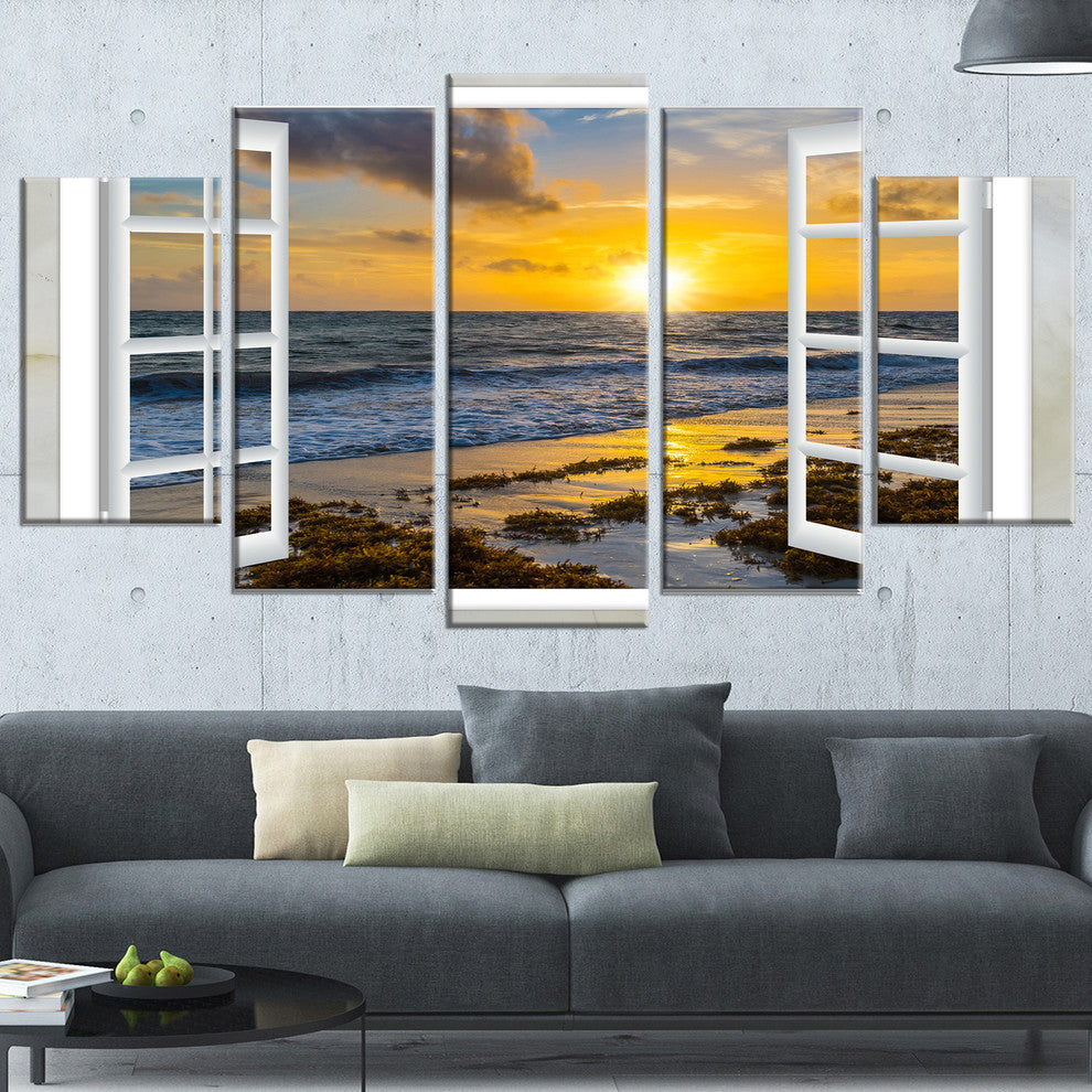 "Open Window To Bright Yellow Sunset" Modern Wall Art, 5 Panels, 60"x32"