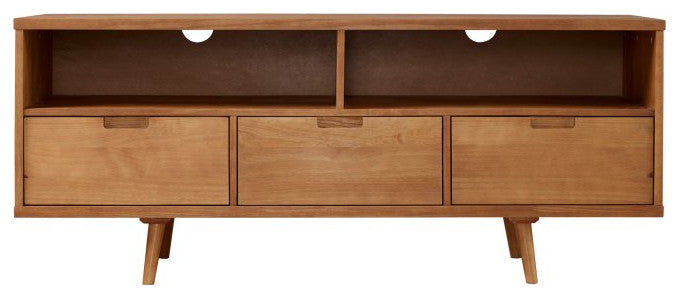 58" 3-Drawer Mid-Century Modern TV Stand, Caramel