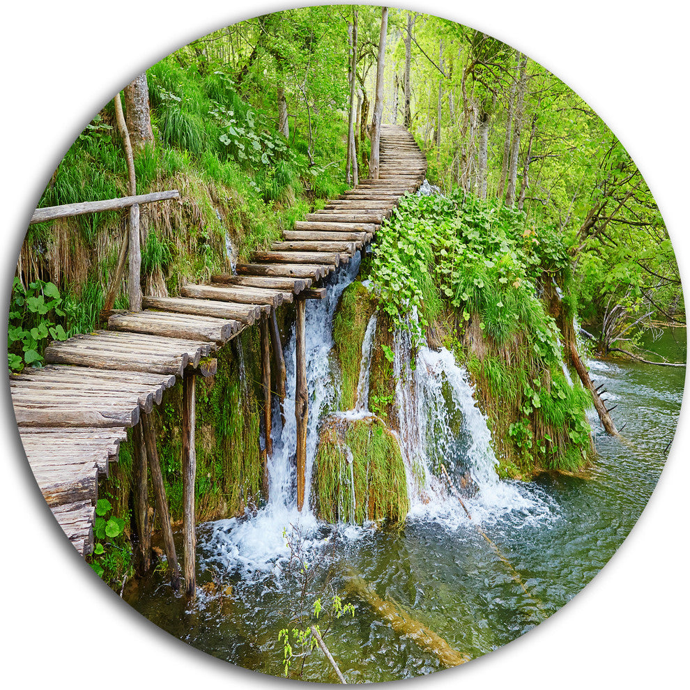Cascades In Plitvice Lakes, Landscape Photo Round Metal Wall Art, 23"