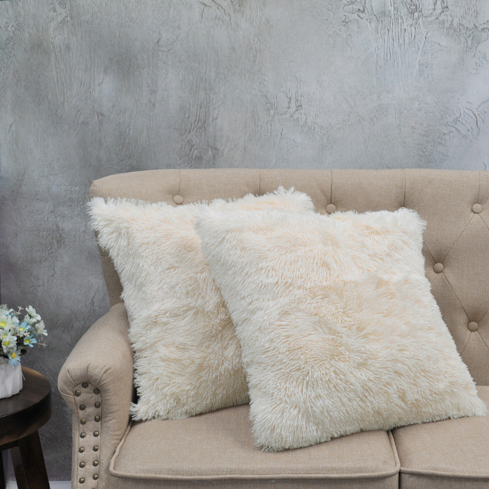 Shaggy Throw Blanket and 2 Pillow Shell 3 Piece Set, Ivory, Throw 50"x60" and 2 Pillow Shells 20"x20"
