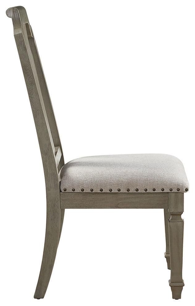 Set of 2 Beige Linen Side Chair, Weathered Oak
