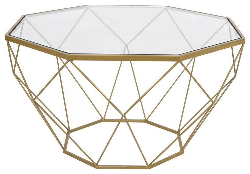 LeisureMod Malibu Large Modern Octagon Glass Top Coffee Table/Gold Chrome Gold