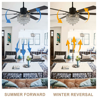 65 inch Crystal Ceiling Fan with Light  and Remote,6-Speed Reversible, Black