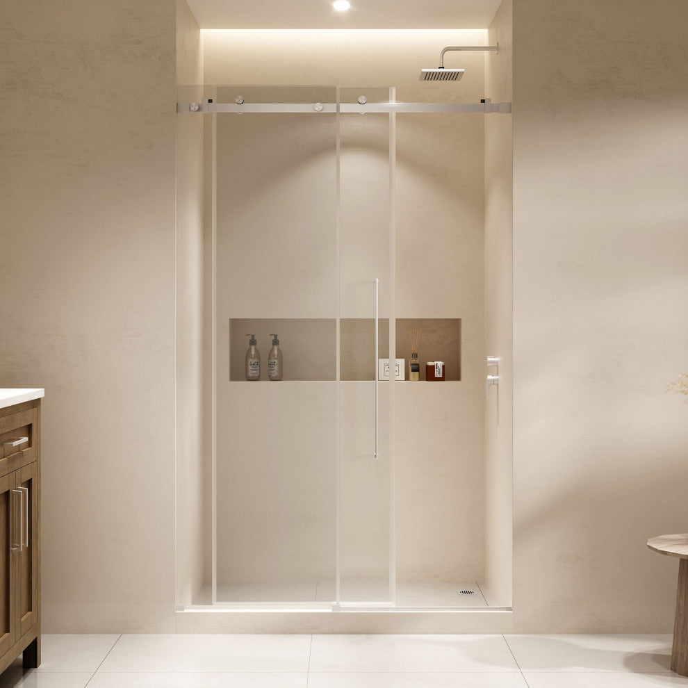 Selby Frameless Sliding Clear Alcove Shower Door, Satin Nickel, 48"